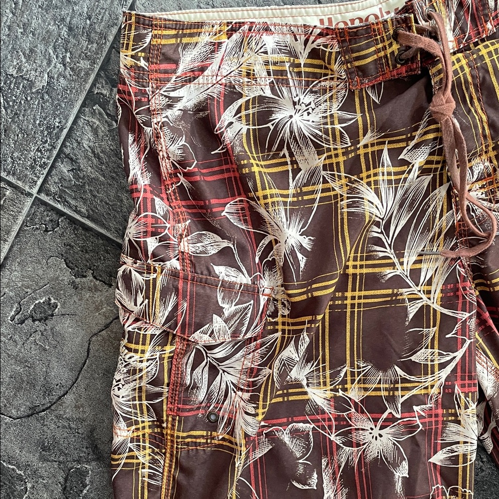 HONOLUA Men’s Floral Plaid Brown Lace-Front Sporty Swim Beach Pool Board Shorts - Picture 5 of 11